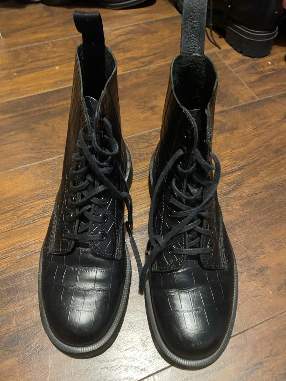 Dr. Martens Women's Black Croc-Embossed Leather Lace-Up Boots